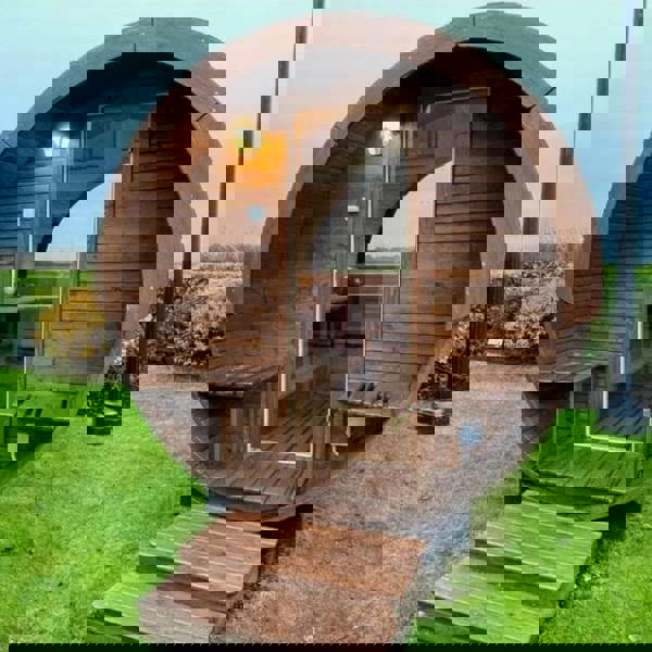 400cm Spruce Barrel Sauna | Thermowood | Terrace | Wood-Fired or Electric.