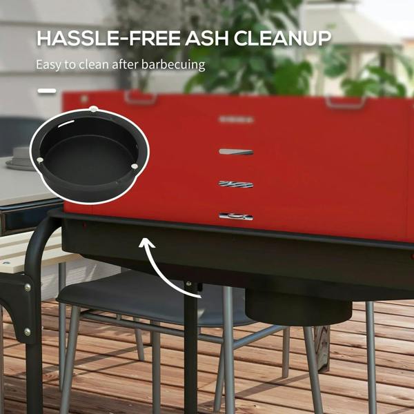 Red charcoal BBQ grill with front ash access tray for easy cleanup