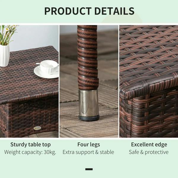 Brown woven rattan-style side table detail: leg base and woven edge close-up