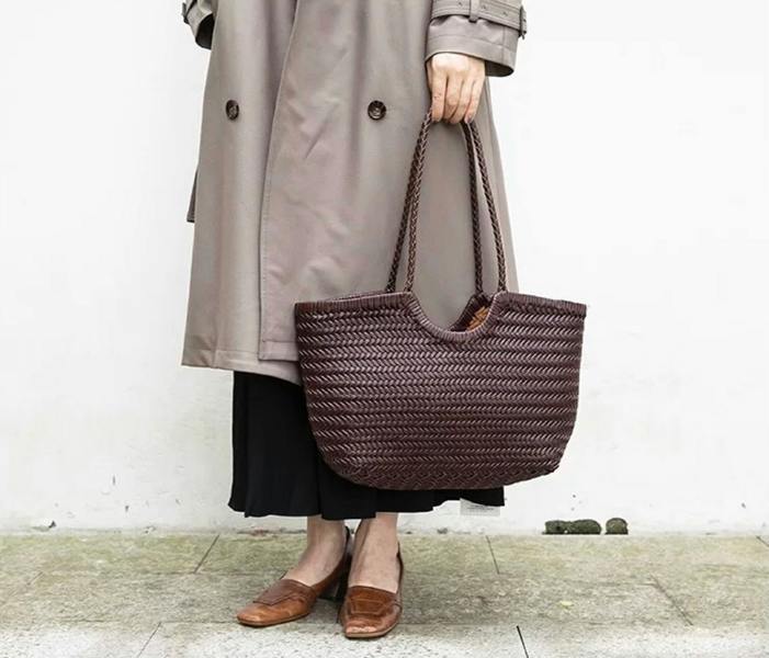 RIMINI Hand Weaving Leather Bucket 'Evelina' - Dark Brown