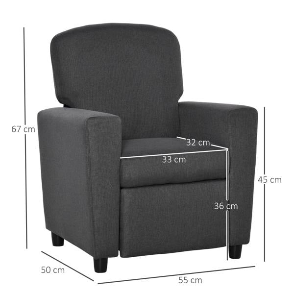 Grey kids armchair sofa with footrest, front view with arm and seat measurements