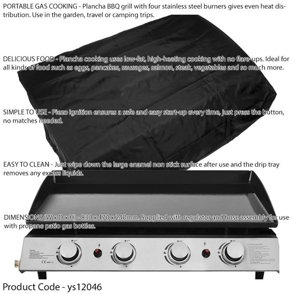 4 Burner Portable Flat Top Plancha Grill & Cover Set - Stainless Steel Camping - LoopsDirect