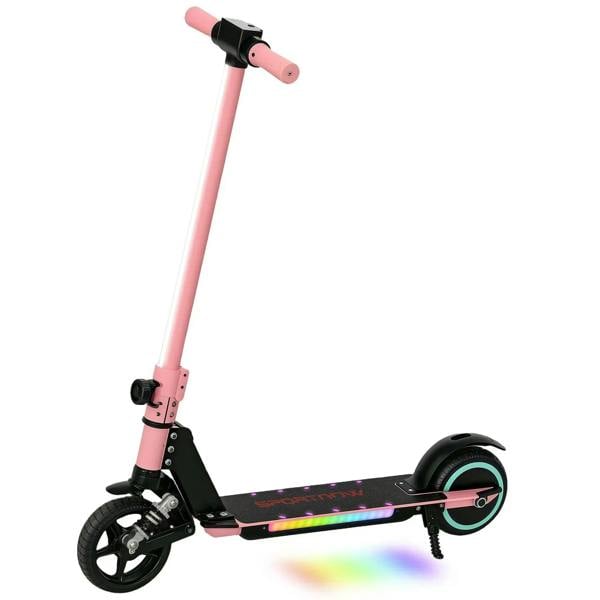 Pink kids folding electric scooter with front suspension, dual brakes, LED wheels