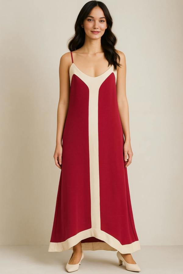 Hoxton Gal Relaxed Fit Cami Midi Dress in Burgundy and Beige
