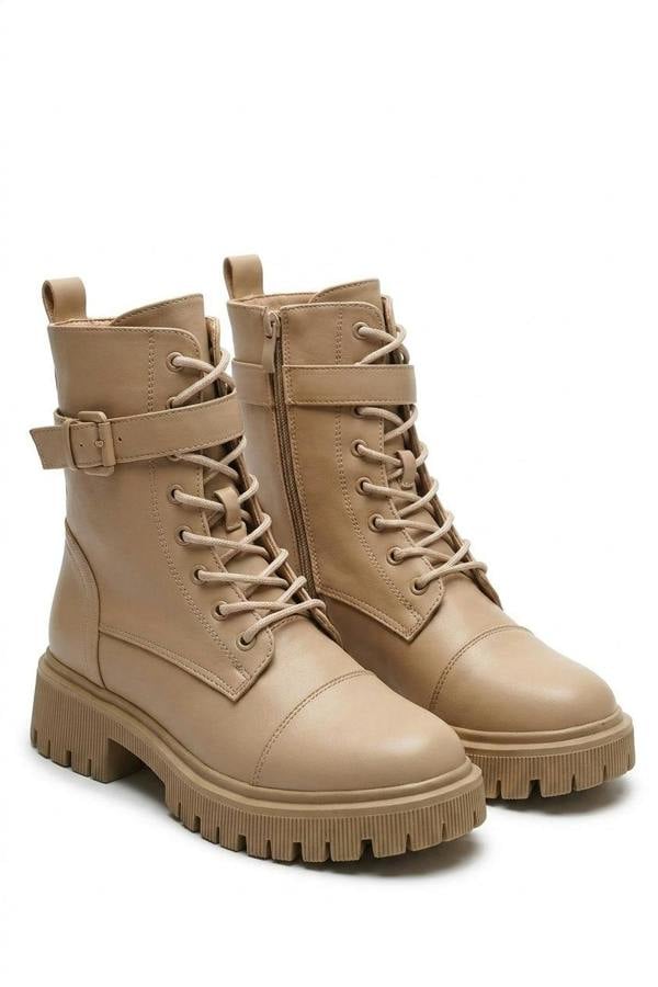 Ariella Lace Up Buckle Chunky Combat Boots - Nude_wb