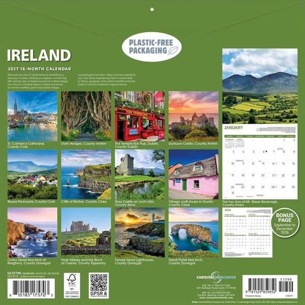 Ireland Calendar 2027, Wall Calendars, Month To View, Travel, Gift