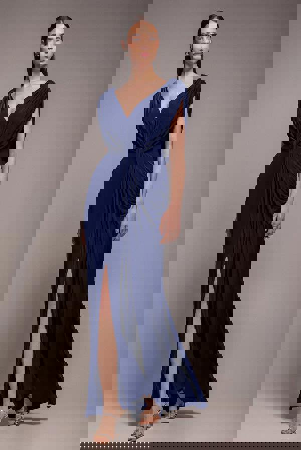 Cowl Plunge Draped Mermaid Maxi Dress - Navy Blue DR4879