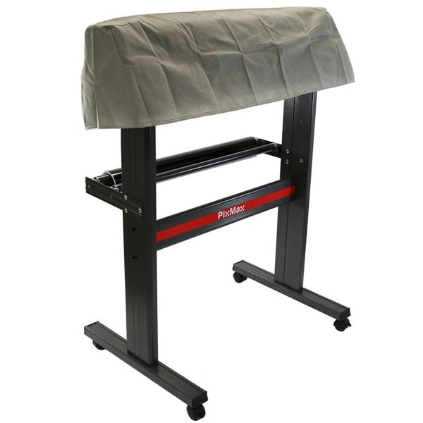 PixMax Vinyl Cutter Plotter with a protective cover, featuring a sturdy black metal frame and red accent, ideal for sign making
