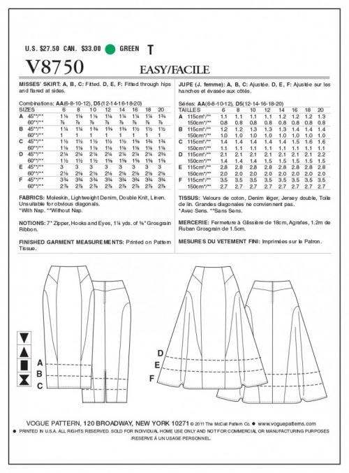 Vogue Sewing Pattern 8750, Skirts for Women, 6-8-10-12 - Easy