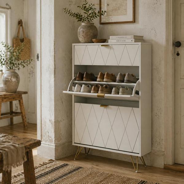 Wyld Haus Molari Doha Wooden White Narrow Shoe Cabinet With 2 Flip Drawers