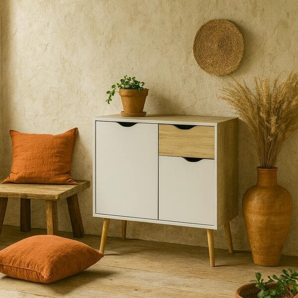 Wyld Haus Sapporo White and Natural Oak Small Sideboard 1 Drawer 2 Doors