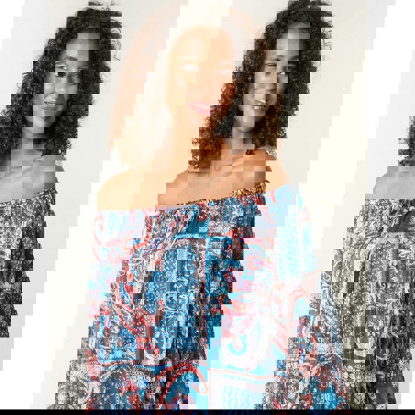 Blue Vanilla Paisley Printed Bardot Puff Ball Blouse