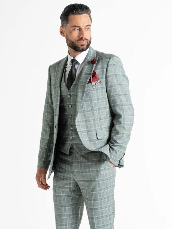 V2 Classic Kensignton Three Piece Suit - Olive with White and Blue Checks