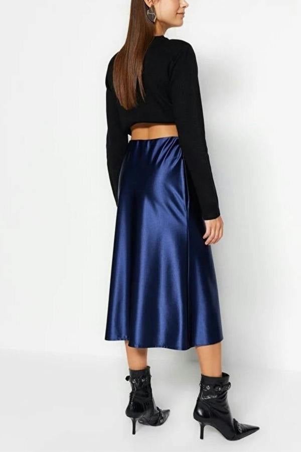 WOVCOR Satin A-Line Midi Knit Skirt