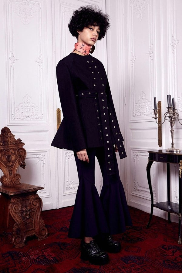 Ellery black cotton twill collarless jacket with eyelet detailing belted waist