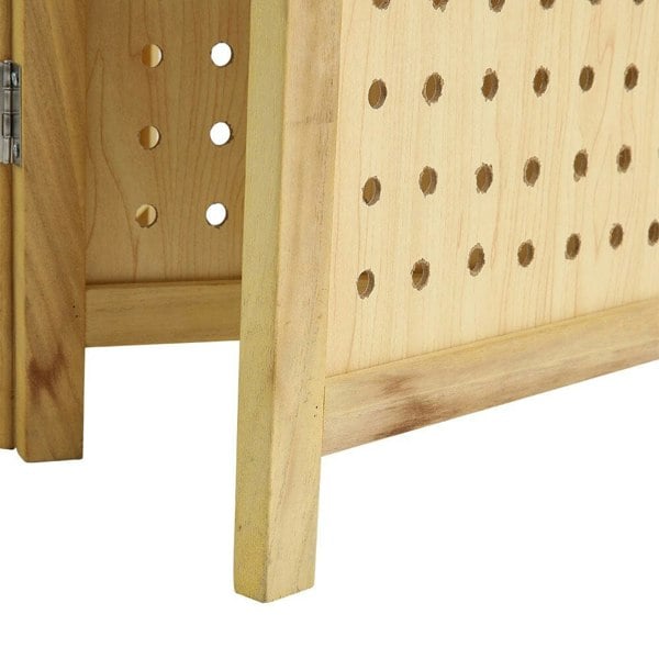 Natural Wood Round-Hole Screen with Four Panels in Paulownia Wood Living and Home