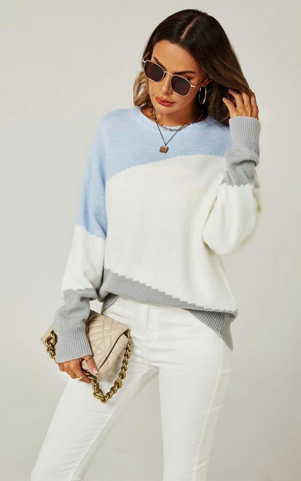 FS Collection Relaxed Grey & White Block Colour Jumper Top In Blue