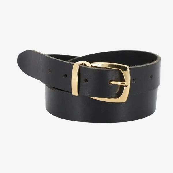 Front view of Black leather belt with a gold buckle on a white background