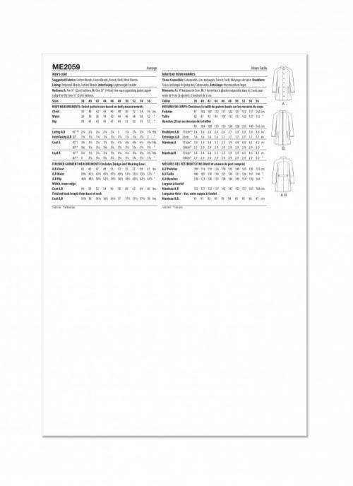 Know Me Sewing Pattern 2059, Coats for Men, AA (38-40-42-44-46) - Intermediate