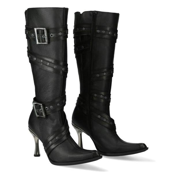 New Rock Womens Black Leather Gothic Knee-High Heeled Boots - M-9029-C10