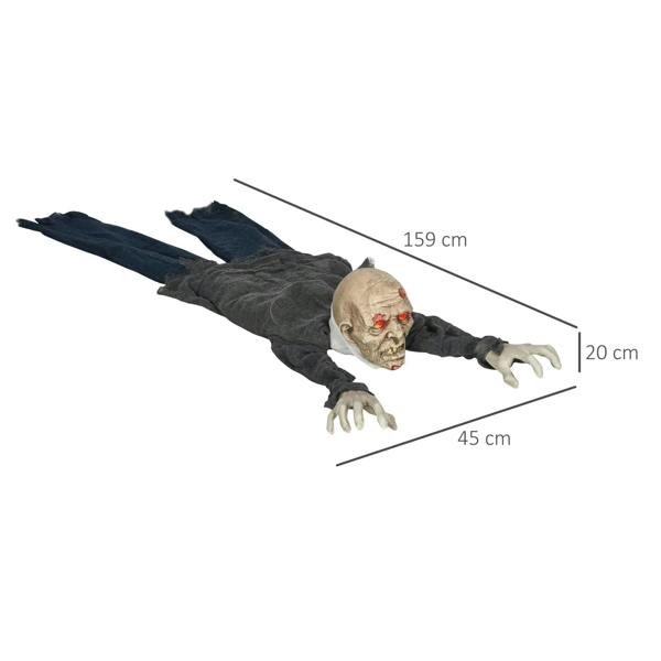 Crawling zombie Halloween decoration with outstretched arms and glowing red eyes, grey