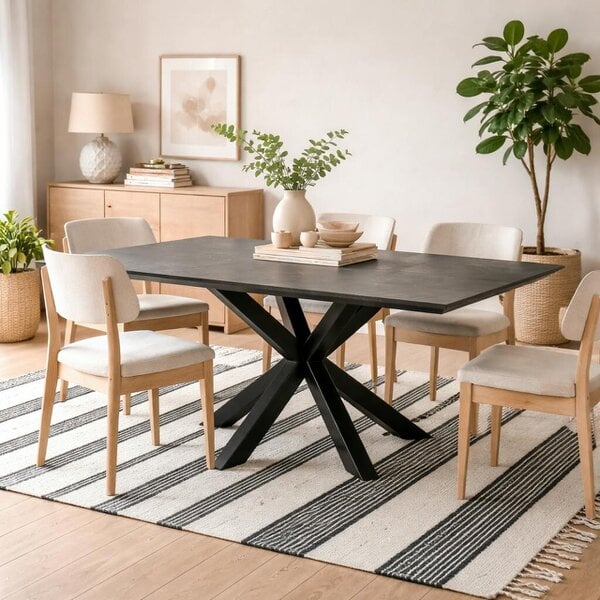 Wyld Haus Perth 168cm Black Ceramic Extendable Dining Table Industrial Black Metal Legs