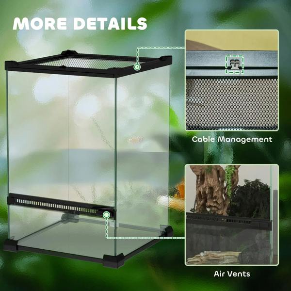 Black-framed reptile vivarium with cable management channel and air vents for airflow