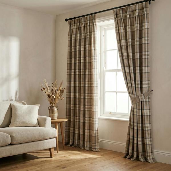 Lewis made-to-measure curtains in Latte, styled in a living room
