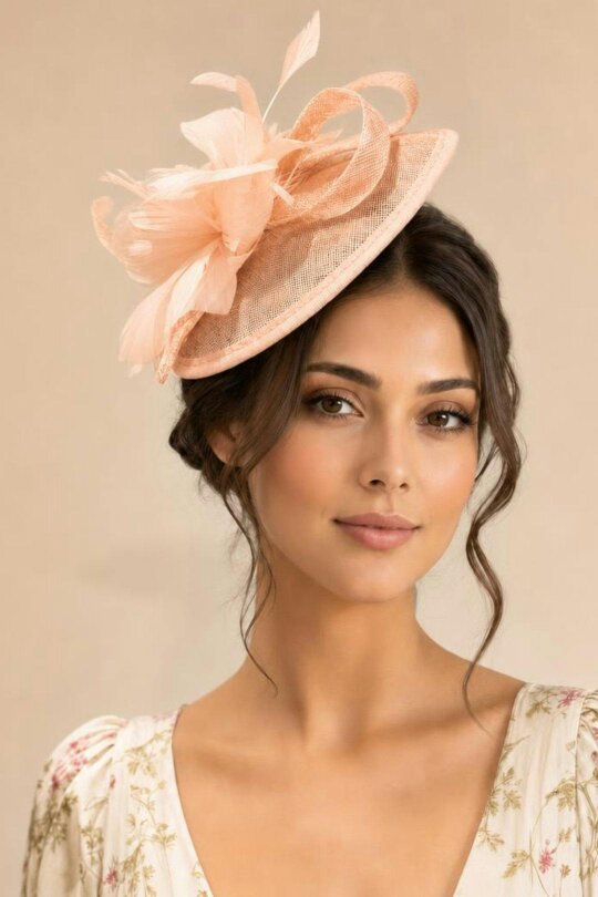 SVNX Feather & Bow Disc Fascinator in Pink