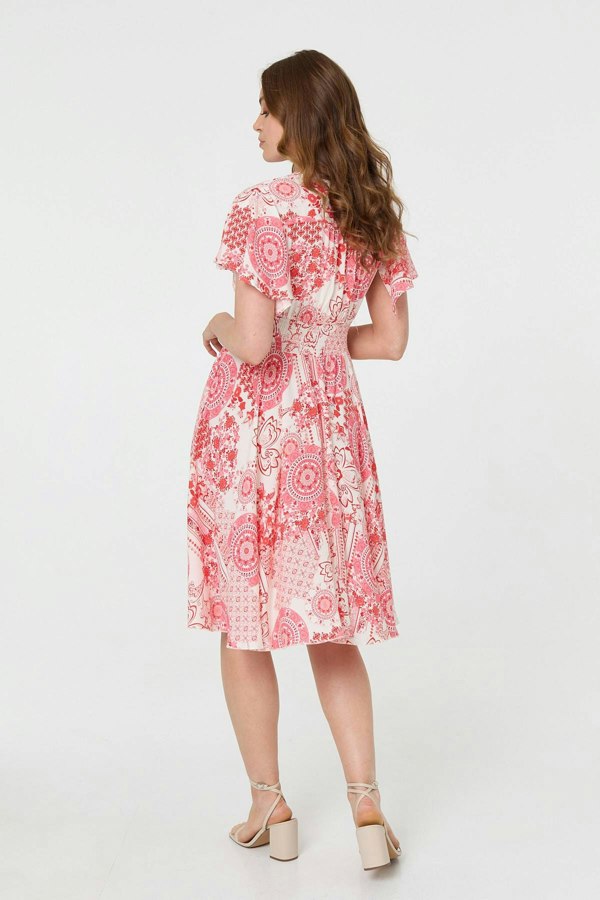 Orange | Paisley Print Shirred Knee Length Dress