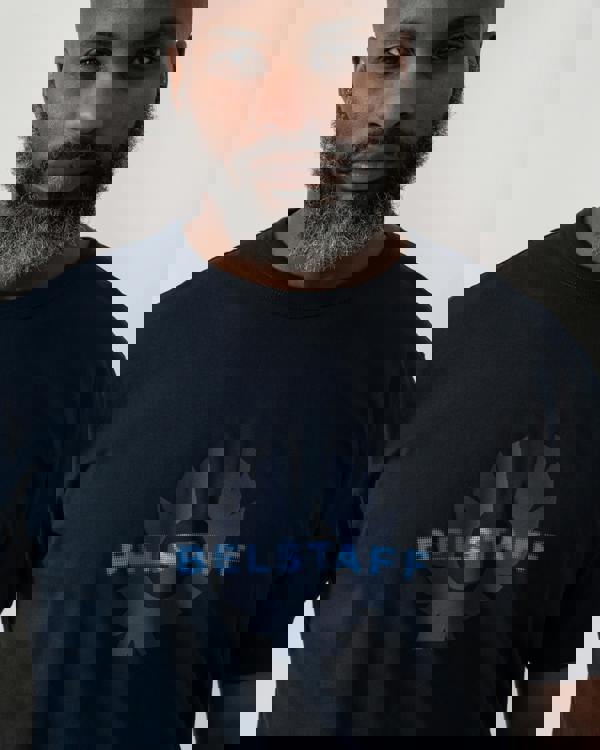 close up shot of a Model wearing a Belstaff Surface Mens T-Shirt in Dark Ink