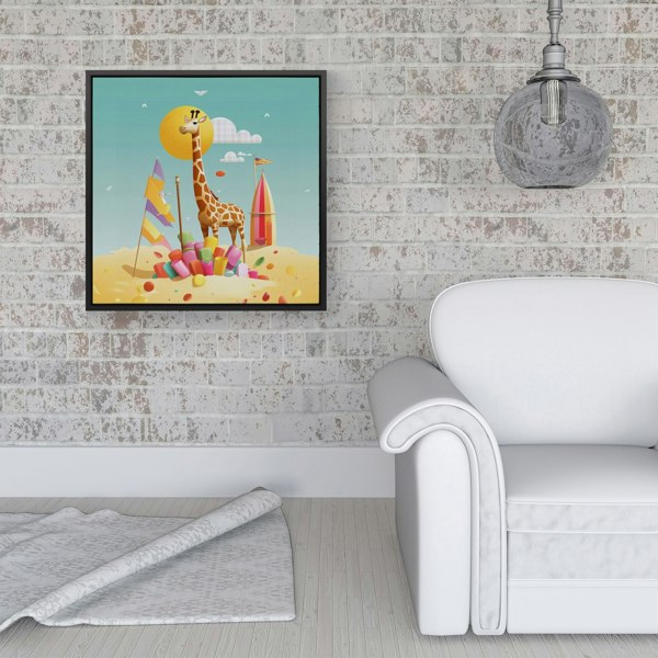 Warren Reed A Giraffe On A Beach Holiday Framed Canvas