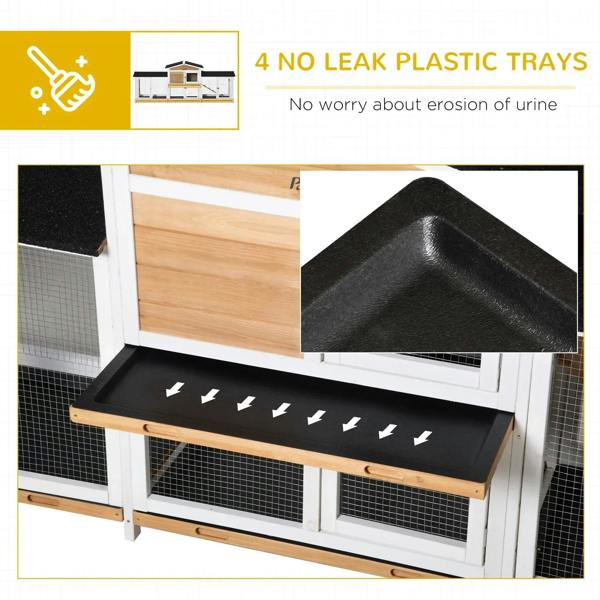 No-leak plastic tray inside white rabbit hutch, with black tray cover and mesh front