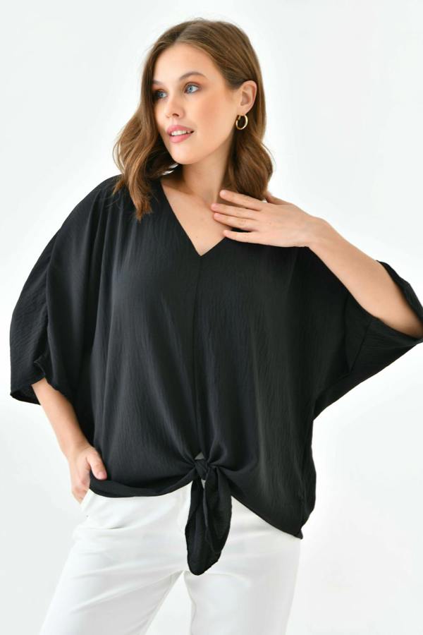Hoxton Gal Oversized V Neck Tie Front Detailed Blouse with 3/4 Sleeves in Black