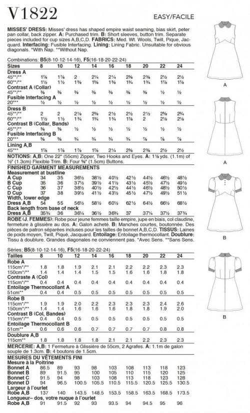 Vogue Sewing Pattern 1822, Dresses for Women, B5 (8-10-12-14-16) - Easy