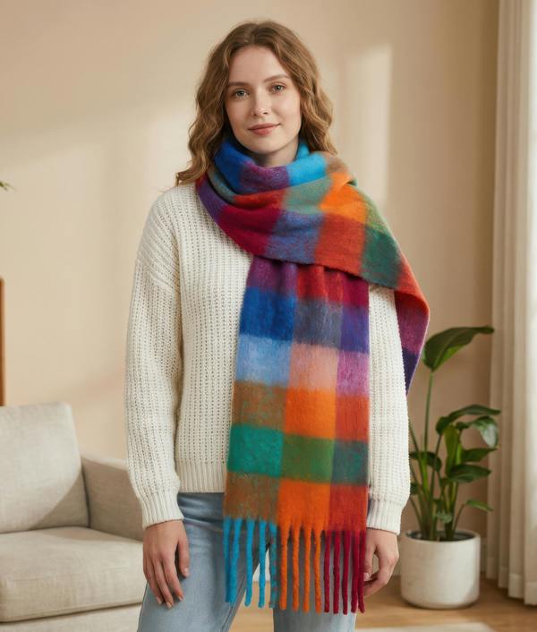 VIA MONTEN Women’s Faux Mohair Scarf, Oversized Winter Scarf Wrap with Fringe, Soft Fluffy Long Shawl for Cold Weather Styling