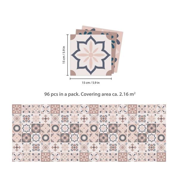 WT1562 - Menara Pink and Grey Cement Moroccan Wall Tile Sticker Set - 15 cm x 15 cm - 24 pcs