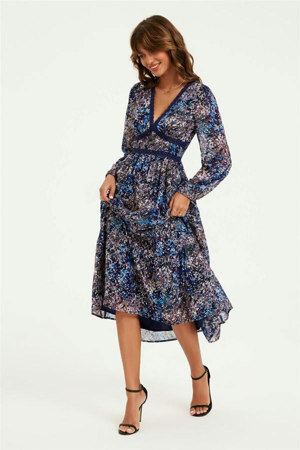 FS Collection Gold Foil Abstract Print Long Sleeve Midi Dress In Navy