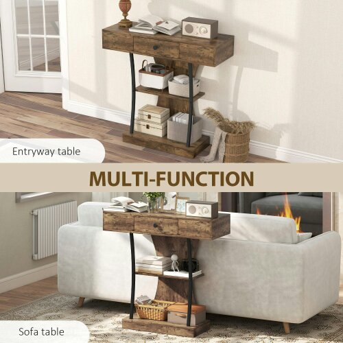 Wyld Haus Rasana Metal And Wooden Rustic Brown 3 Tier Console Table With Drawer And Shelves