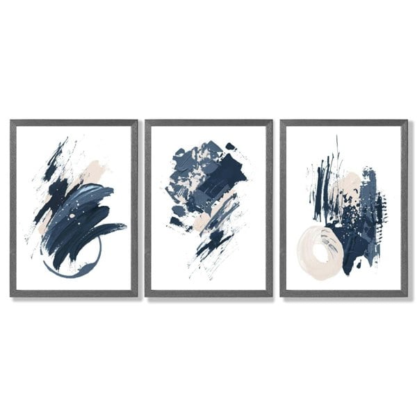 Abstract Set of 3 Minimal Blue Oil Painting Framed Art Prints with Dark Grey Wooden Frames