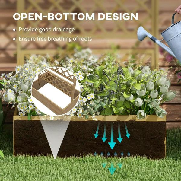 Wooden raised planter box with open-bottom design for drainage