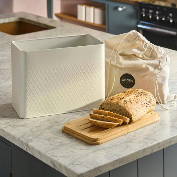 Cooks Professional Embossed Bread Bin, Linen Bag and Bamboo Board Set | White
