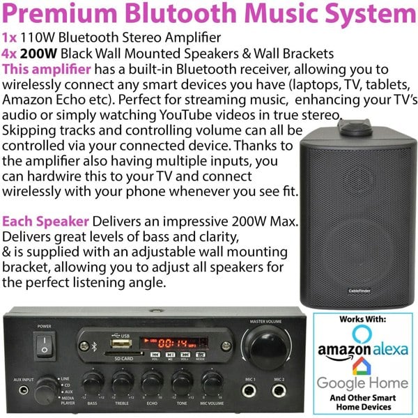 Bluetooth Sound System 4x Black 200W Wall Speakers - 2 Channel Stereo Amplifier