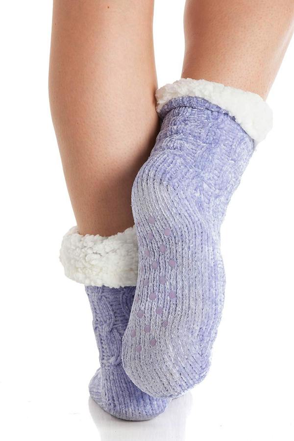 Ladies Chenille Cable Plain Slipper Sock
