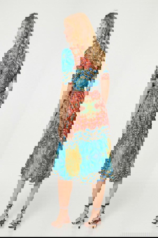 Blue | Printed Ruched Waist Faux Wrap Midi Dress
