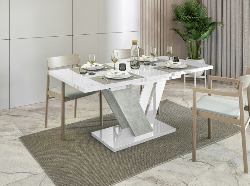 DUBAI 120–160 white gloss extending dining table 4–6 seater with stone effect base.