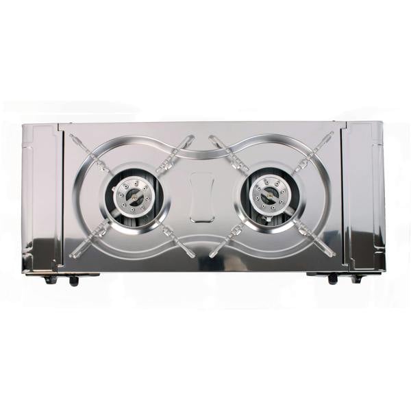 Stainless steel gas stove with two burners top view