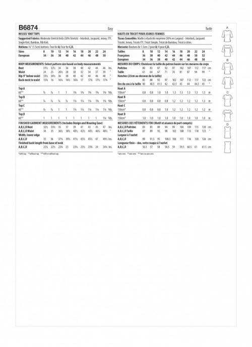 Butterick Sewing Pattern 6874, Tops for Women, B5 (8-10-12-14-16) - Easy