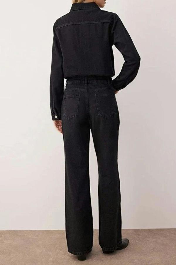 WOVCOR Shirt Collar Wide Leg Denim Jumpsuit