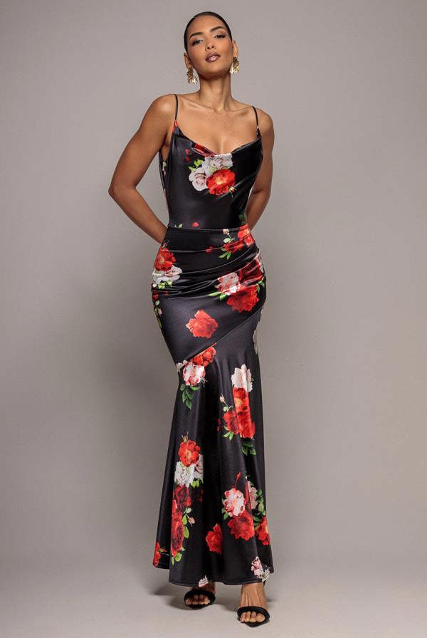 Floral Print Satin Cowl Neck Maxi Dress - Black DR5191
